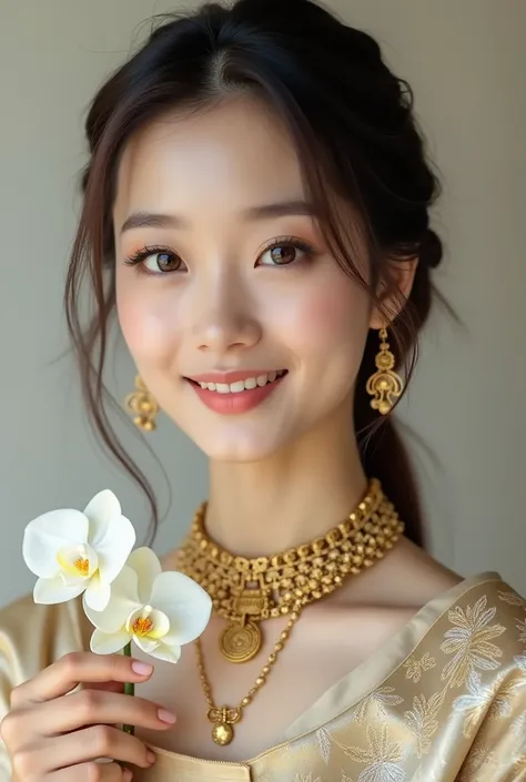 Long distance view of sweet Thai woman of Thai descent Lamun Lamai. Beautiful full HD girl with beautiful sharp eyes, sweet smile with smile, smooth skin, smile, pigtail in traditional Thai dress. Costume consists of nude, exquisite gold pattern and white ...