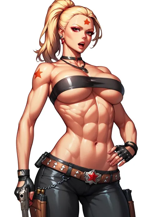  Octobriana blonde with ponytail on top of her head, toned female, solo, Red star forehead tattoo, Cowboy boots;  (((black seamless strapless tube bandeau bra top)))  covering her chest,  necklace ; Bullet belt;  pistol and holster; Shoulder chain and shea...