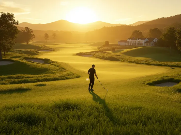 A breathtaking golf course at sunrise, lush green fairways, a distant view of a clubhouse, and a golfer preparing to tee off, with golden sunlight casting long shadows