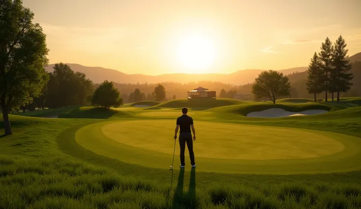 A breathtaking golf course at sunrise, lush green fairways, a distant view of a clubhouse, and a golfer preparing to tee off, with golden sunlight casting long shadows