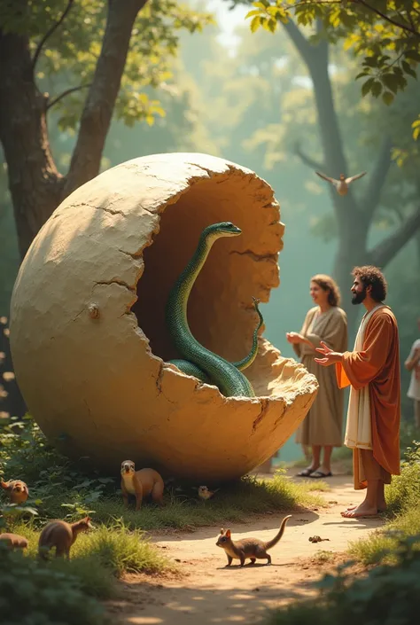 A small snake is emerging from the massive dinosaur egg, and Jesus is filled with joy at the sight.

A few people are standing nearby, watching in awe and happiness.

Surrounding the scene are small birds and a squirrel, adding life and movement to the env...