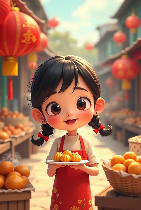 Draw a cartoon of a Vietnamese girl buying banh chung.