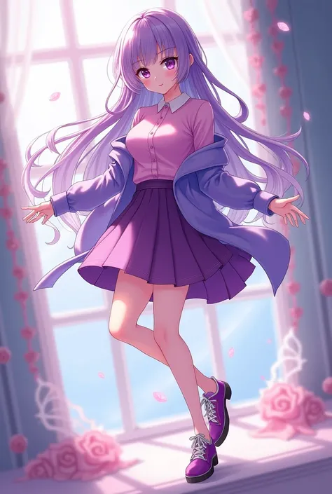 Anime beautiful girl with long purple hair with pink glades and purple eyes ,  wears a pink shirt with a purple jacket and wears a purple knee-length skirt and wears purple shoes with white lacing