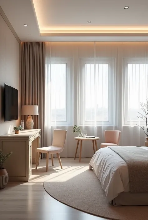  Interior design of a 5-star superior hotel room in Krasnodar Krai, design - expensive and rich , luxury,  futuristic design and creative approach to room decoration . Theme - pastel shades.  Windows - strictly high to the ceiling, straight. A room is a mu...