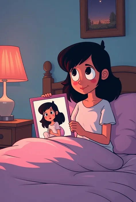 someone is holding a picture of a cartoon character in a bed, a cartoon inspired by Jean Tabaud, tumblr, conceptual art, toon aesthetic, in the bedroom at a sleepover, art in the style of joshy sly, very accurate photo, cartoon network stillframe, ((oversa...