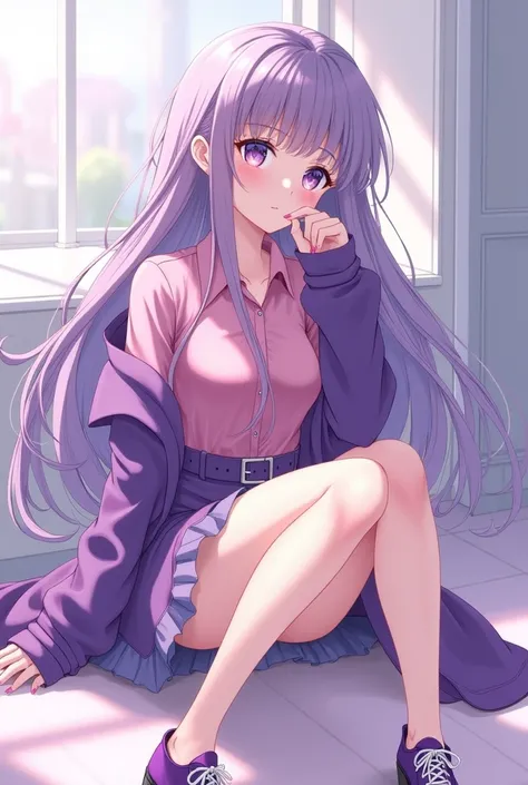 Anime beautiful girl with long purple hair with pink glades and purple eyes ,  wears a pink shirt with a purple jacket and wears a purple knee-length skirt and wears purple shoes with white lacing