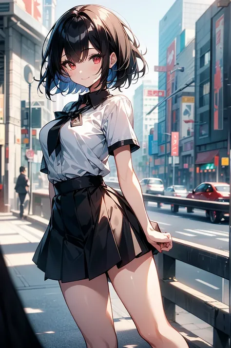 masterpiece, highest quality, highest quality, (no text), Beautiful and aesthetic:1.2),no text,anime、break,anime、break、 one girl、 Dark Haired Girl Short Hair 　 Slit Eyes Boyish 　adult　 beautiful eyes　red eyes, cool smile　 skirt　Black clothing　Full Body Out...