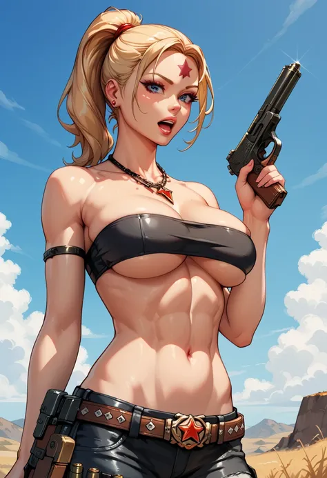  Octobriana blonde with ponytail on top of her head, toned female, solo, Red star forehead tattoo, Cowboy boots;  (((black seamless strapless tube bandeau bra top)))  covering her chest,  necklace ; Bullet belt;  pistol and holster; Shoulder chain and shea...