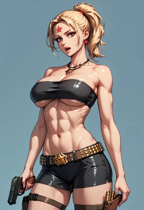  Octobriana blonde with ponytail on top of her head, toned female, solo, Red star forehead tattoo, Cowboy boots;  (((black seamless strapless tube bandeau bra top)))  covering her chest,  necklace ; Bullet belt;  pistol and holster; Shoulder chain and shea...