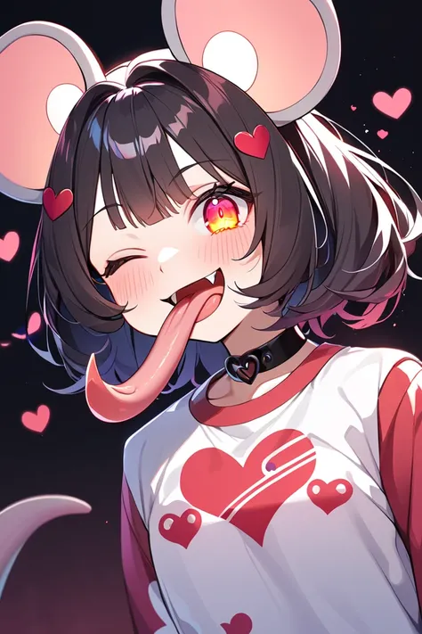 1 girl, open mouth, (one eye closed), smile, blush, stick out tongue, mouse ears, long tongue, fang, glowing eyes,kawaii, heart spoken,arms behind back
