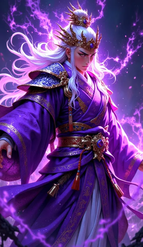 a most powerful handsome Young Chinese immortal cultivator very powerful purple aura emanating around him so powerful that surrounding space is shattering because it cant bear this magnificent majestic aura of immortal cultivator, wearing purple Taoist Rob...