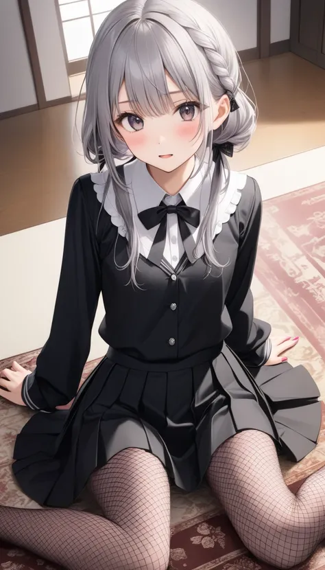   ONE CUTE -OLD GIRL ,Young Face、 slim figure、Thin legs、7.5 heads、((Beautiful thin black silver hair ))、(Light pink inner color hair )、((, a neat and serious hairstyle with the tips of the hair neatly aligned ))、(Her stylish gothic school uniform makes her...