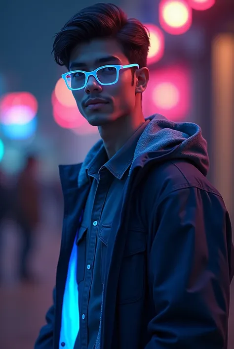 Name: Muhammad Owais Raza
Age: 19 years
Role: A tech-savvy college student with a calm demeanor and a mysterious romantic charm.

Appearance:

Short, neatly styled black hair with subtle neon-blue highlights that shimmer faintly in low light.
Thin, rectang...