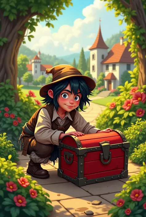 An illustration of a thief wearing ragged clothes opening a red box in a green garden. The thief looks excited but the box is empty. The garden has bushes, flowers, and a sunny village backdrop."