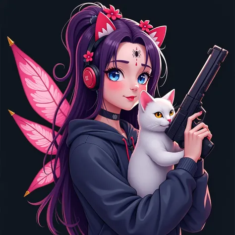 3D Paintings SeeYou Text Logo Design Women Long Hair Purple Wearing Earphones with Fairy Wings Spider Pattern Tattoo Holding Gun Cat Hugging Half Smoky Black Purple Tone Best Quality,  blue eyes,  redhead, smile,  flaunts soft cheeks,  Cowboy Camera Angle,...