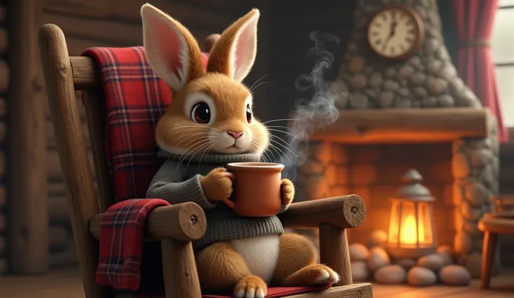 Animal: Rabbit
Activity: Sipping hot cocoa while sitting in a rocking chair.
Setting: Rustic cabin with a glowing lantern nearby.