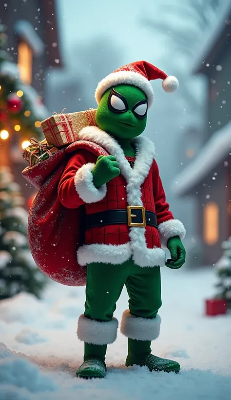 A green Spider-Man wearing a Santa Claus outfit, standing in a snowy winter landscape. The scene is festive with twinkling lights, decorated Christmas trees, and snow gently falling. Spider-Man strikes a playful pose, holding a sack of gifts over his shoul...