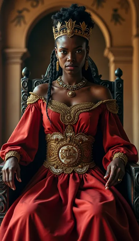 A realistic depiction of a regal, commanding African woman in 1600s attire, standing on a throne with dramatic lighting, her expression intense and unyielding. The backdrop is an ancient Angolan palace with tribal designs.