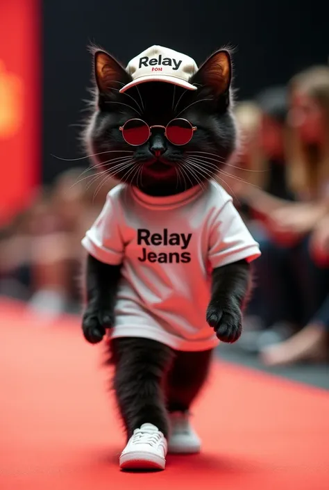 
A cute little black cat with fluffy fur and wide eyes walks gracefully on a fashion show runway like a professional model, displaying human characteristics. The little black cat is wearing a fashionable white relay jeans t-shirt and relay jeans cap on hea...