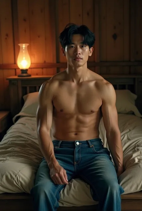 A shirtless Korean man in his early 40s sits at the end of an old wooden bed. He has a muscular build with a broad chest and defined abs. Sweat trickles down his torso. His black hair is styled in a two-block cut, and he has a slightly tanned complexion. H...