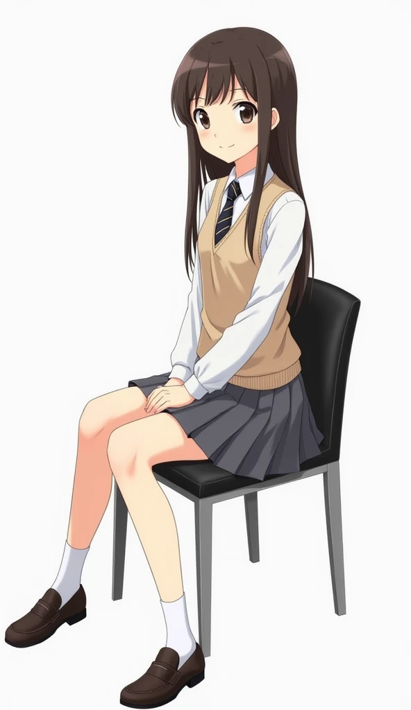  An anime girl in school attire 
Hair : long, smooth and well-kept ,  with bangs that frames his face .
 expression:  A warm and friendly smile ,  that transmits gentleness and youthful energy .
 uniform :  Long sleeve white shirt with a sleeveless beige v...