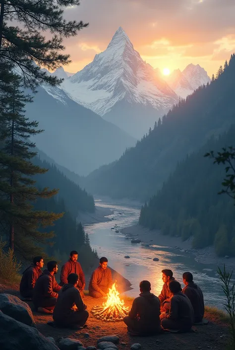 raising sun in Snowy Green mountain, Nepali people with camp fire with serpent (Nagin) people along the river