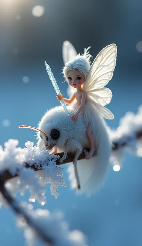 Macro photograph of a tiny frost fairy sitting on the back of a snow-white moth with silken, feathery wings. The fairy holds a tiny icicle wand that glows faintly blue, and the moth is perched on a frozen twig dusted with frost. The lighting is cold and so...