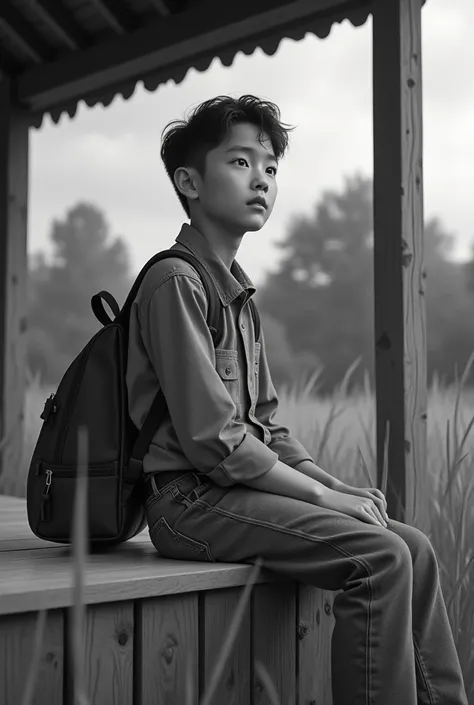 create a realistic image of boy relaxing sit on a pavilion, beautiful face, tall grass backside,schoolbag on the back, time 1960, low black and white, #realistic, ultra realistic boy looks beautiful large eyes,no negative prompt, realism, Hes handsome, low...