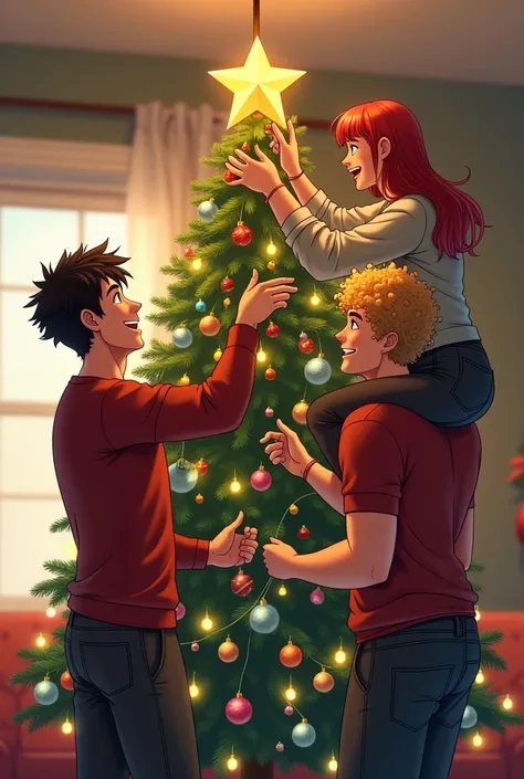 Two men with curly and blonde hair , A man with black hair and a woman with straight red hair are making the Christmas tree happy the woman is on the shoulders of one of the two blond men 