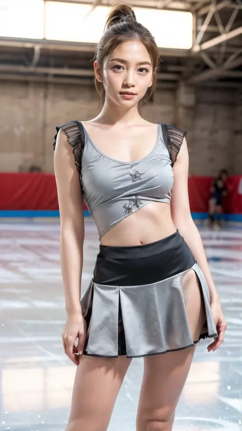 (8k, best quality:1.3), (extremely detailed:1.2), perfect anatomy, beautiful Japanese woman, 18 years old, healthy thighs, beautiful legs, beautiful skin, random hair color, random hairstyle, large breasts, (she is standing:1.2), female figure skater, figu...