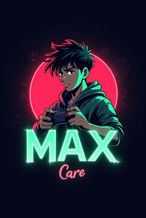 This is a gaming logo that features the name " Max " in a futuristic font and a neon red and green color. and Boy Anime avtar, The logo also has a stylized controller icon and a YouTube play button in the background. The logo is designed to be attractive a...