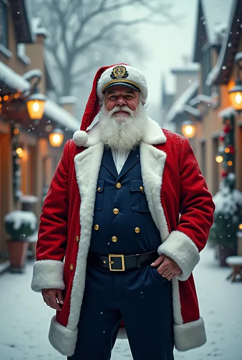 A landscape image of Santa Claus dressed up as a French security guard with a Christmas background