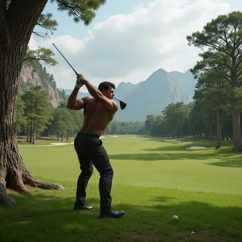 A muscular golfer hitting a powerful shot on a course, surrounded by towering trees and dramatic hills in the distance. The golf course should be wide, with a sense of vastness and raw strength, giving an imposing atmosphere to the setting