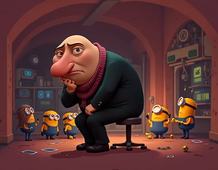 A detailed illustration of Gru from Despicable Me, sitting on a stool in his dimly lit underground lab. Gru looks sad and frustrated, with his characteristic long nose, bald head, and striped scarf. Around him, Minions are scattered, wearing their signatur...