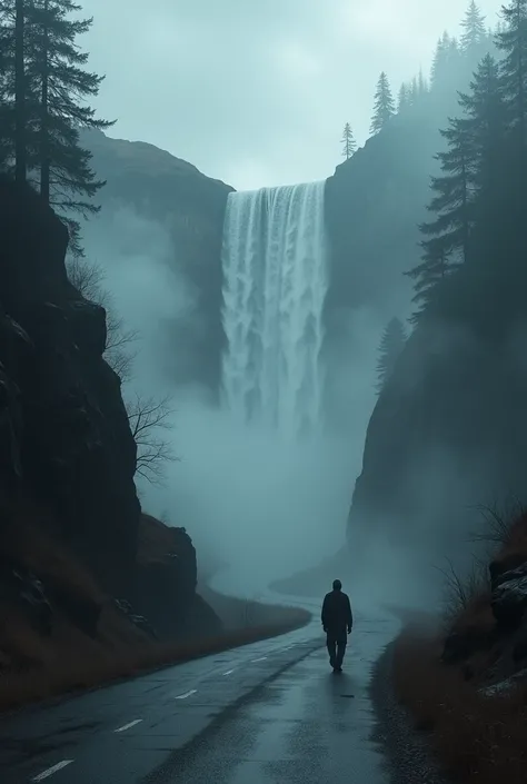 Dark foggy road with waterfall