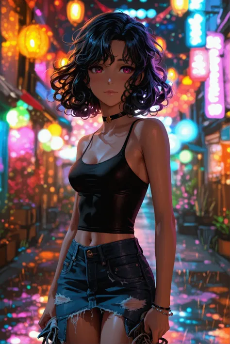 Black anime girl wearing  tight black tank top that hugs her curves and a short, distressed denim skirt. She slides her feet into a pair of worn combat boots and runs a comb through her curly hair. 