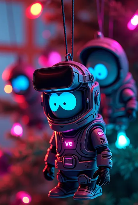 Christmas decorations in the shape of neon punk South Park cartoon characters in modern cybersuit with vr googles hang on a Christmas tree