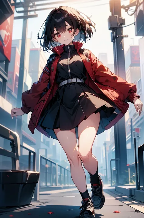 masterpiece, highest quality, highest quality, (no text), Beautiful and aesthetic:1.2),no text,anime、break,anime、break、 one girl、 Dark Haired Girl Short Hair 　 Slit Eyes Boyish 　adult　 beautiful eyes　red eyes, cool smile　 skirt　Black coat　　　Full body outdo...