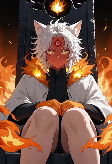 man, fire hair, white skin, red face paint, anime style, fire powers, yellow cat eyes, white hair, cat-style third eye on forehead, orange hands, closed-mouth smile, messy hair, light white jacket, black top underneath, sitting on a throne, hands covered i...