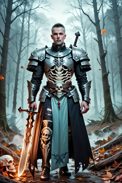 A skeletal warrior clad in ornate, dark armor, standing in a misty, eerie forest. The armor is intricately designed with gothic patterns and glowing runes, hinting at a dark magic origin. The skeletal figure wields a large, menacing sword with a skull-shap...