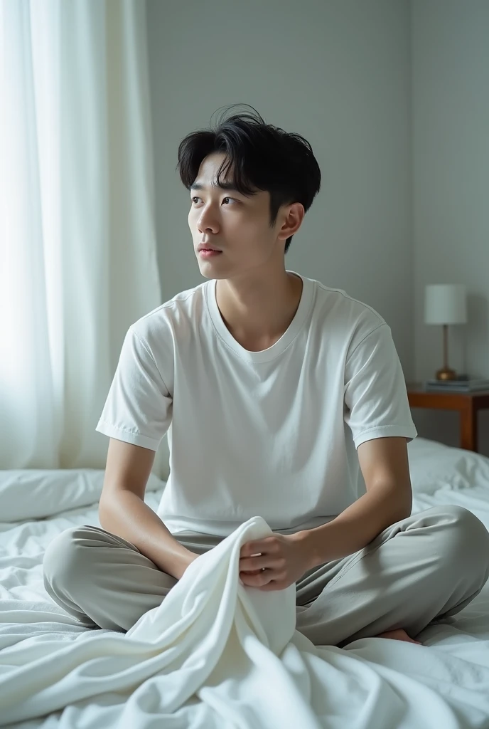 有一个男人 sit on the bed，Holding a white sheet,  Asian Male, Posing on the bed,  Asian Male, 2 , 2 , 2 , 2 , Korean male, 2 ,  sit on the bed, His , 2 , 在同一张Posing on the bed