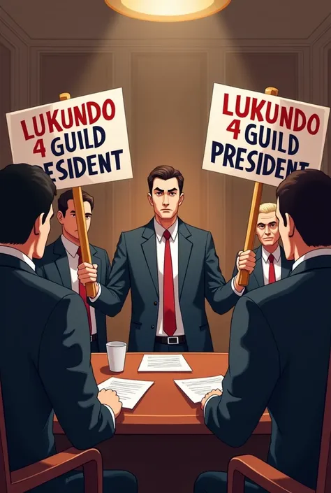 Generate for me a good picture of lawyers in the meeting holding placards with the word  “ LUKUNDO 4 GUILD PRESIDENT”