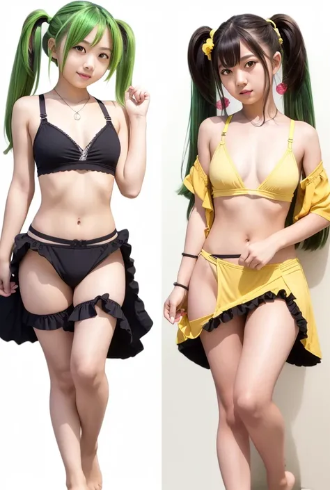 R18, sexy, (traptrixsera, twintails),full_body, (((real))),((show off pantie)),((show off under  wear)),(open cute  cloth),((( Japanese Female Middle School Student ))),green hair, Black  camisole, open yellow  flare dress, sexy  under  wear, frill  wear, 