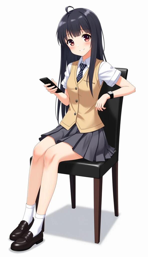  An anime girl in school attire 
Hair : long, smooth and well-kept ,  with bangs that frames his face .
 expression:  A warm and friendly smile ,  that transmits gentleness and youthful energy .
 uniform : Short sleeve white shirt and black watch and with ...