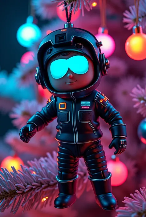 Christmas decorations in the shape of neon punk South Park cartoon characters in modern cybersuit with vr googles hang on a Christmas tree