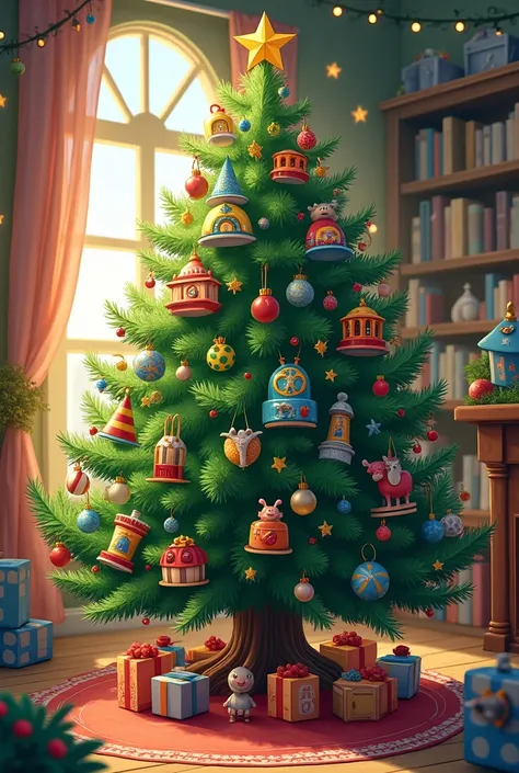 Christmas tree decorated with wonderful toys, great illustration, high detail, creating a festive mood, by olegsan