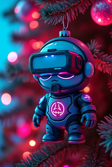 Christmas decorations in the shape of neon punk South Park cartoon characters in modern cybersuit with vr googles hang on a Christmas tree