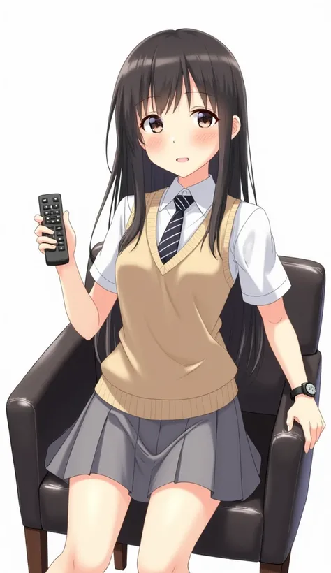  An anime girl in school attire 
Hair : long, smooth and well-kept ,  with bangs that frames his face .
 expression:  A warm and friendly smile ,  that transmits gentleness and youthful energy .
 uniform : Short sleeve white shirt and black watch and with ...