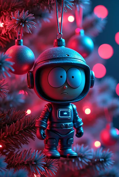 Christmas decorations in the shape of neon punk South Park cartoon characters in modern cybersuit with vr googles hang on a Christmas tree