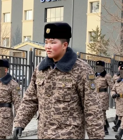 "A realistic image of a male police officer wearing a blue uniform and cap, standing casually with his arms at his sides. He is looking slightly to his left, walking forward with a confident posture. The background features a blurred outdoor scene, creatin...